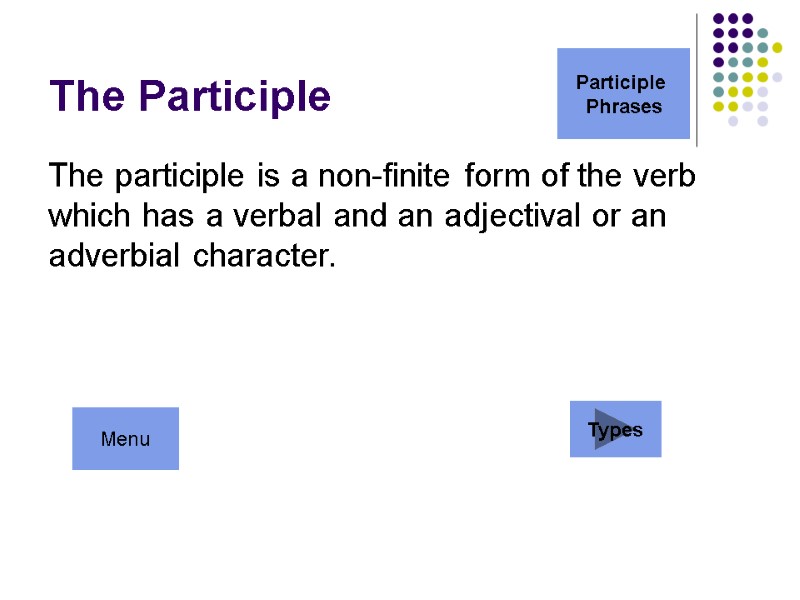 The Participle The participle is a non-finite form of the verb  which has